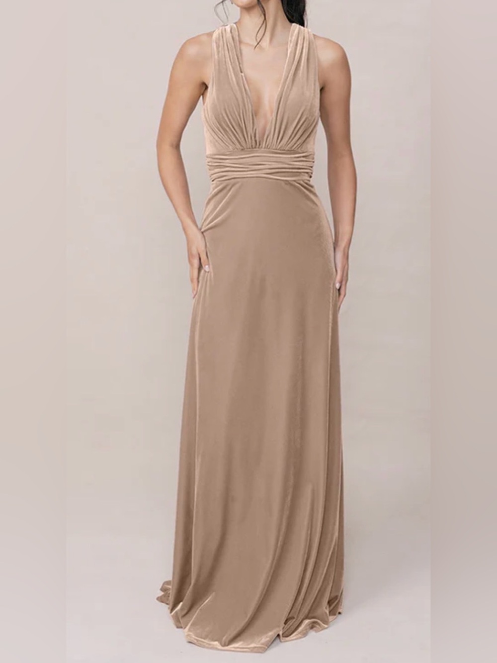 Revelry Taupe Velvet Plunge V-Neck Halter Evening Gown